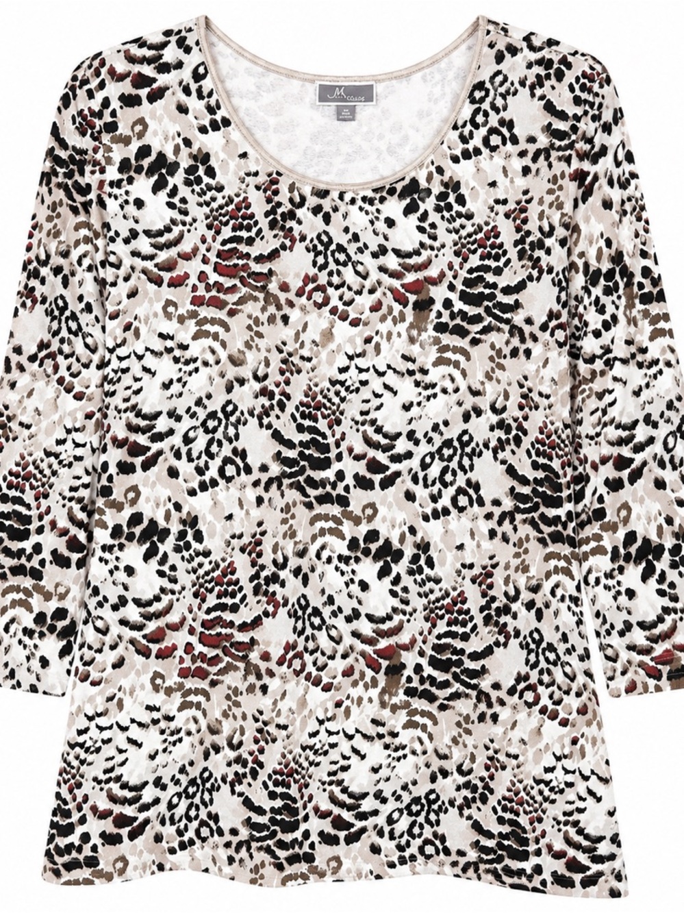 JM Collection 2X Shirt Top Brown Animal Print 3/4 Sleeve Scoop Neck Stretch Knit